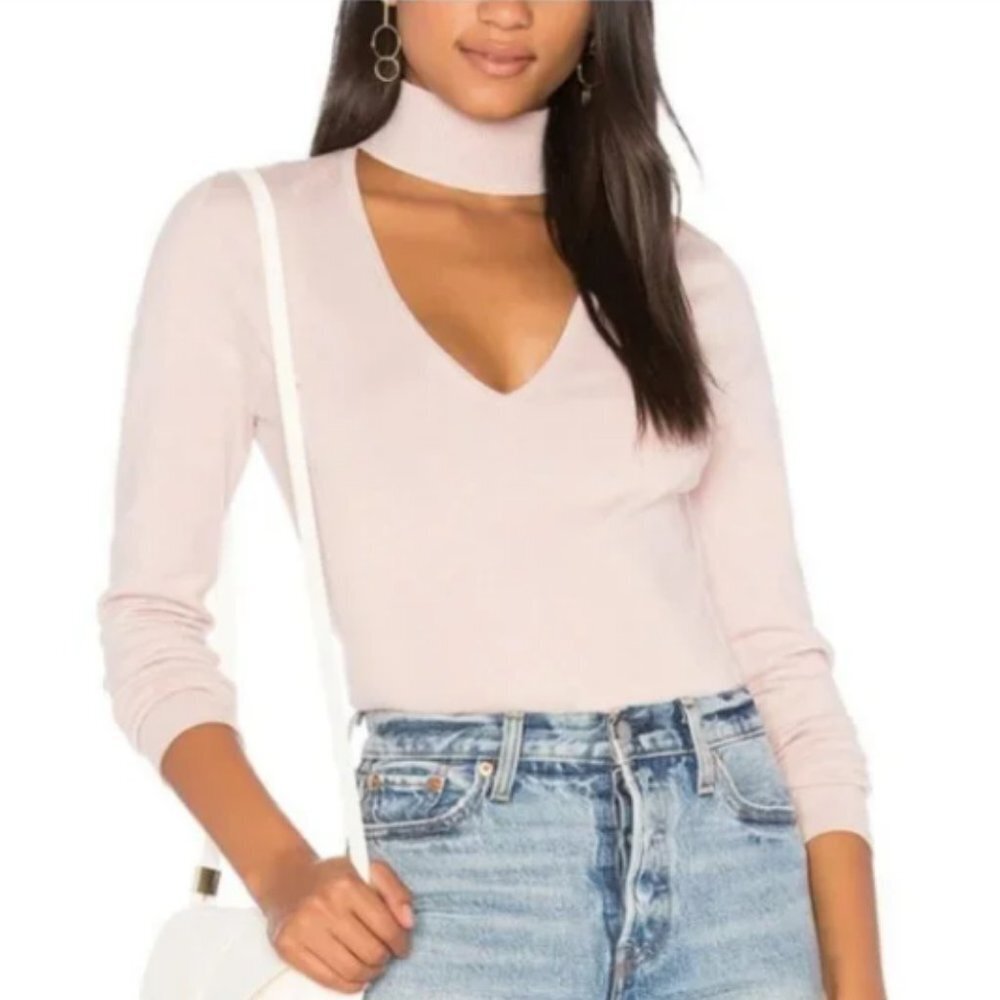 Finders Keepers Ride Knit Cut Out Sweater High Deep V Neck Soft Pink NEW